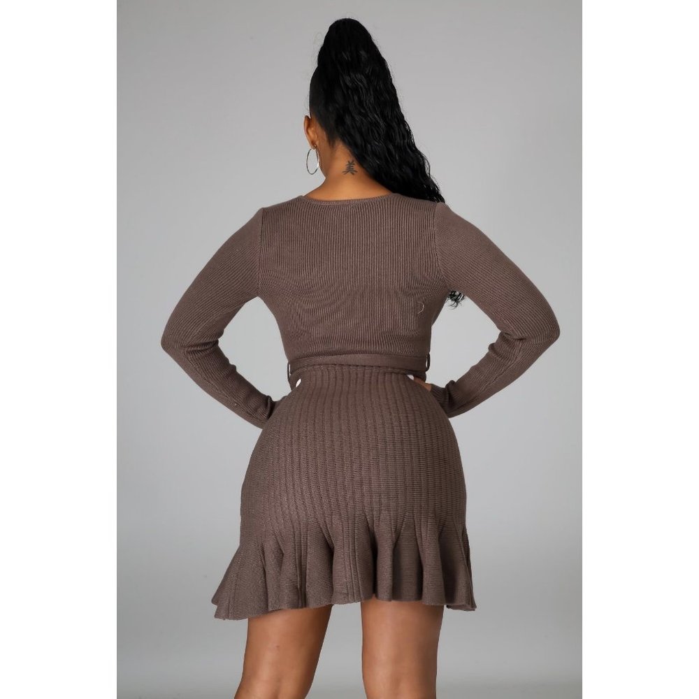 Mocha Long Sleeve Tie Waist Mini Dress #1727 - Picture 5 of 5